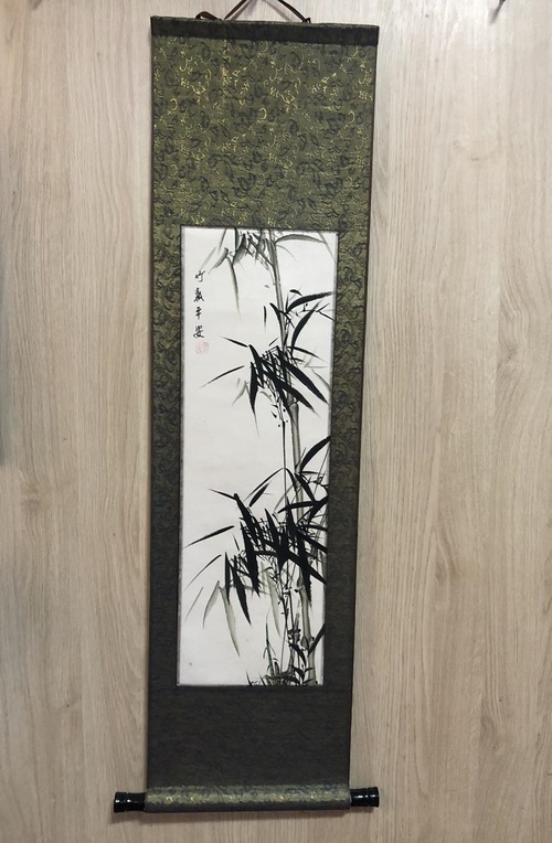 Каллиграфия "Бамбук", на зелёном фоне, 25*90 см.
